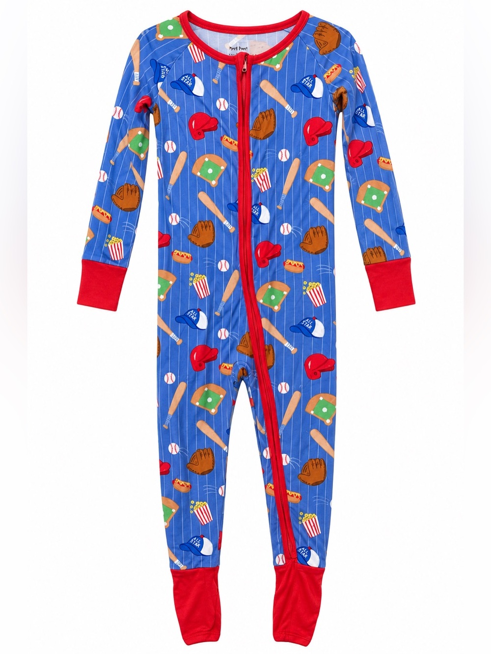 Little Sleepies Baseball Zippy Pajamas 2T Blue Red Bamboo Convertible Footies